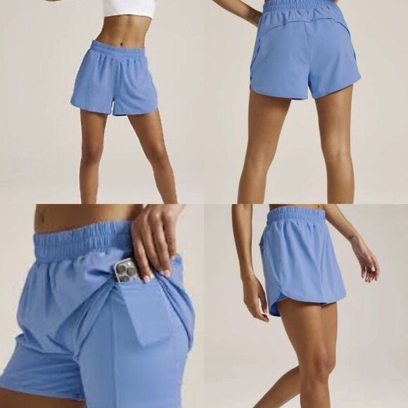Beyond Yoga Stretch Woven In Stride Lined Short Flower Blue Medium - Picture 1 of 8